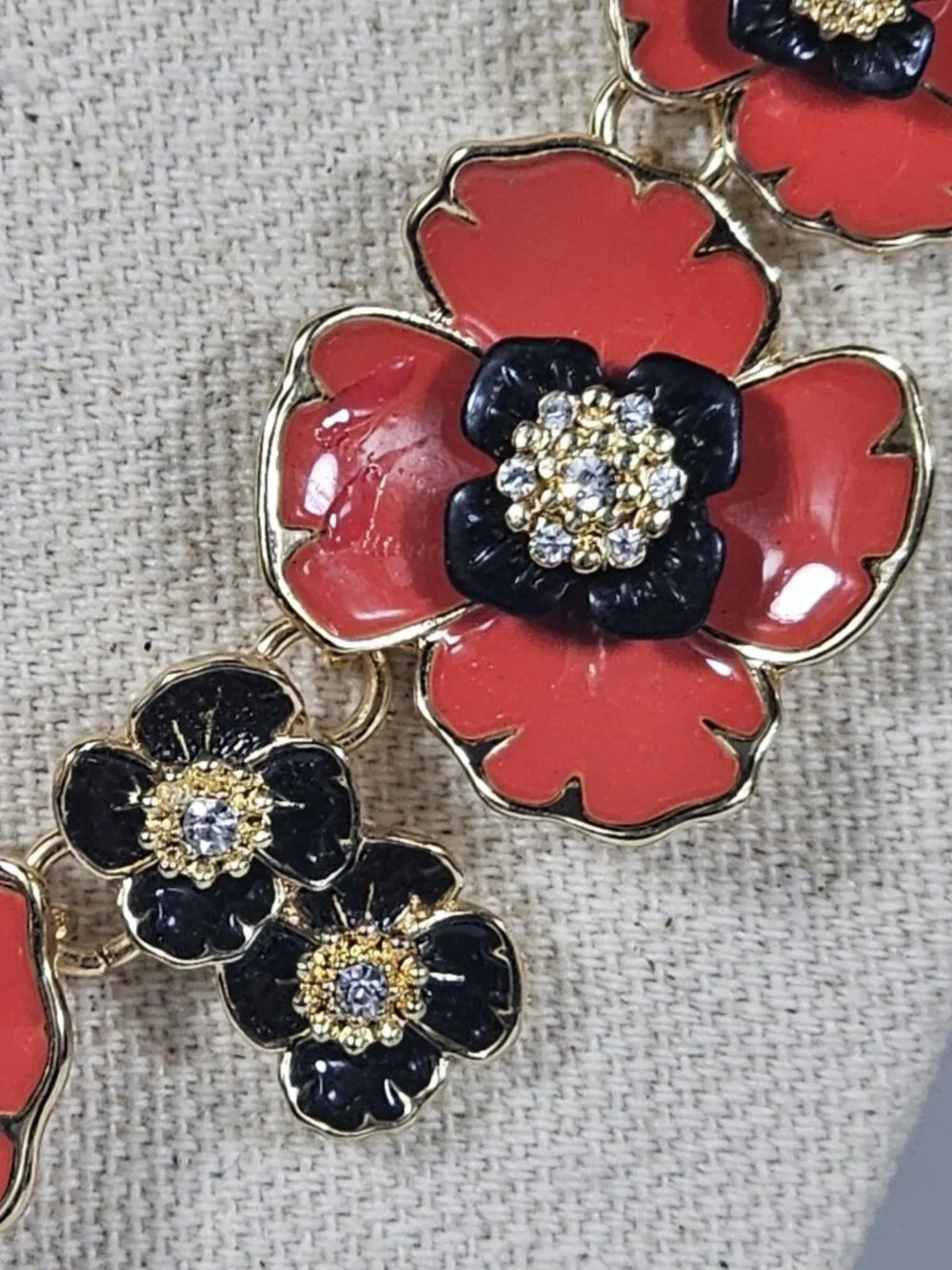 Dana Buchman Red Black Enamel Flower Rinestone Necklace Gold Tone Art Deco